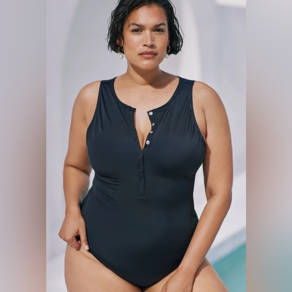 Button-Front Black One-Piece Swimsuit – Women Swim